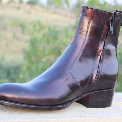 Crafted leather new handmade men's fashion brown patent glassy leather ankle high boots