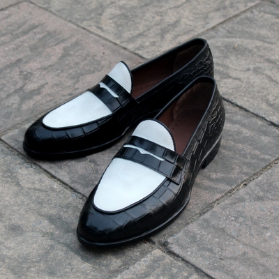 Crafted leather classic new handmade men black crocodile white leather loafers moccasin dress formal shoes - Thumbnail 5