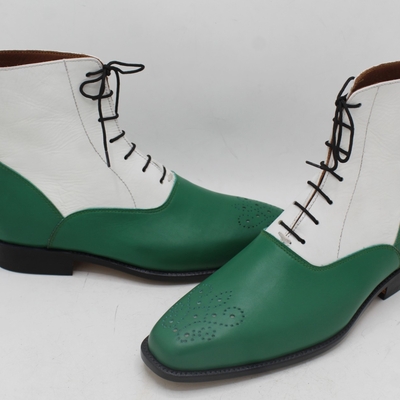 Crafted leather handmade men two tone lace up boots , green & white ankle high dress boots - Thumbnail 5