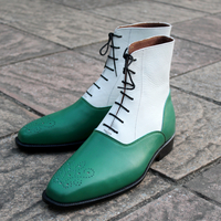 Crafted Leather Handmade Men Two Tone Lace Up Boots , Green & White Ankle High Dress Boots - Thumbnail 1