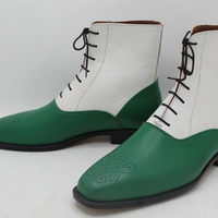 Crafted Leather Handmade Men Two Tone Lace Up Boots , Green & White Ankle High Dress Boots - Thumbnail 4