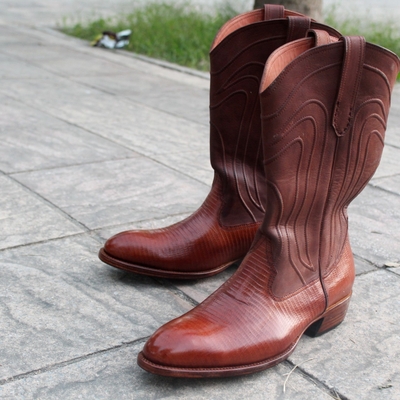 Crafted leather handmade genuine brown leather cowboy ankle high boot for men - Thumbnail 5