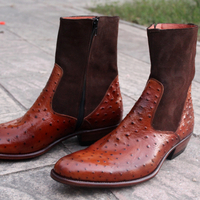 Crafted Leather Classic Brown Ostrich Suede Leather Ankle High Cowboy Boot - Thumbnail 2