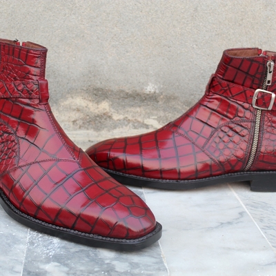Crafted leather classic red crocodile/alligator side zipper buckle strap jodhpur boot  - Thumbnail 5