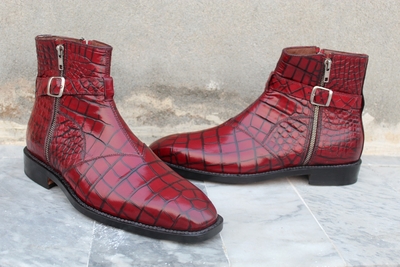 Crafted Leather Classic Red Crocodile/Alligator Side Zipper Buckle Strap Jodhpur Boot 