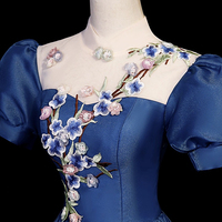 Elegant Blue Satin Floor Length Prom Dress, A-Line Short Sleeve Evening Party Dress - Thumbnail 2