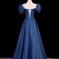 Elegant Blue Satin Floor Length Prom Dress, A-Line Short Sleeve Evening Party Dress - Thumbnail 3