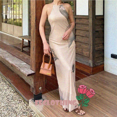 Elegant and fashionable printed tulle halterneck dress - Thumbnail 4