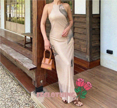 Elegant and fashionable printed tulle halterneck dress