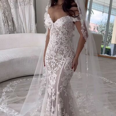 Elegant mermaid off the shoulder lace appliques beach boho wedding dress bridal gowns  - Thumbnail 1