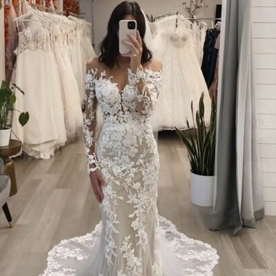 Simple mermaid lace appliques long sleeve beach boho wedding dress bridal gowns  - Thumbnail 1