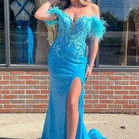 Mermaid Off the Shoulder Sequins Feather Prom Dresses with Appliques,PD240101 - Thumbnail 1