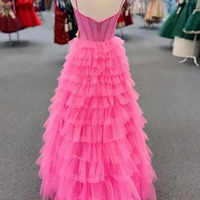 Cute V Neck Pink Tiered Tulle Long Prom Dresses,PD240105 - Thumbnail 1