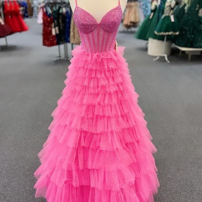 Cute v neck pink tiered tulle long prom dresses,pd240105 - Thumbnail 1