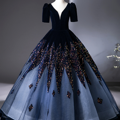 Blue v-neck velvet and sequins long prom dress, elegant short sleeve formal dress - Thumbnail 1