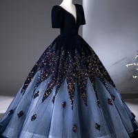 Blue V-neck Velvet and Sequins Long Prom Dress, Elegant Short Sleeve Formal Dress - Thumbnail 2
