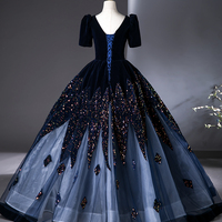 Blue V-neck Velvet and Sequins Long Prom Dress, Elegant Short Sleeve Formal Dress - Thumbnail 3
