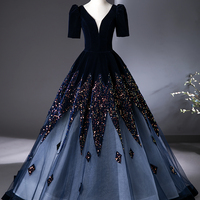 Blue V-neck Velvet and Sequins Long Prom Dress, Elegant Short Sleeve Formal Dress - Thumbnail 6