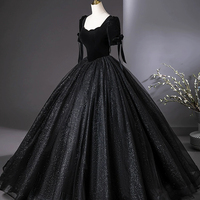 Black Velvet and Tulle Long Prom Dress, Elegant A-Line Party Dress - Thumbnail 1