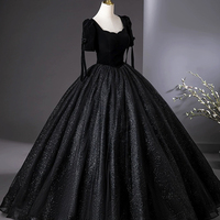 Black Velvet and Tulle Long Prom Dress, Elegant A-Line Party Dress - Thumbnail 2