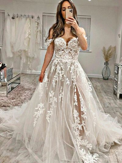 Elegant A Line Lace Appliques Beach Boho Wedding Dress Bridal Gowns 