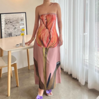 Sexy Printed Zipper Back Satin Sleeveless Tube Dress - Thumbnail 2