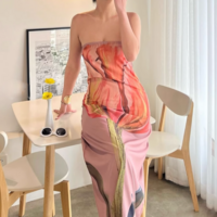Sexy Printed Zipper Back Satin Sleeveless Tube Dress - Thumbnail 3
