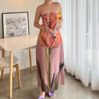 Sexy Printed Zipper Back Satin Sleeveless Tube Dress - Thumbnail 4