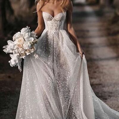 A line sequins lace beach boho wedding dress bridal gowns  - Thumbnail 2