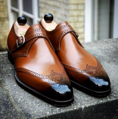 Handmade Mens Wingtip Brogue Monk Formal Shoes, Men Brown Dress Shoes, Mens Shoes