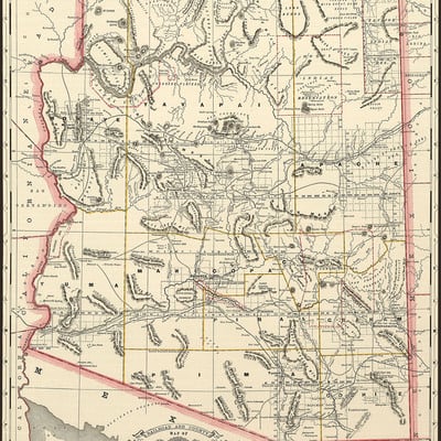 Arizona counties & railroad in 1887 - bird's eye view, aerial panorama, vintage, antique map, reproduction, fine art, wall art, history