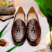 Men's Handmade Chocolate Brown Ostrich Print Leather Loafer Shoes - Thumbnail 1