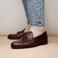 Men's Handmade Chocolate Brown Ostrich Print Leather Loafer Shoes - Thumbnail 3