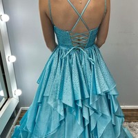 Ball Gown V Neck Organza Ruffle Long Prom Dresses,PD240112 - Thumbnail 1