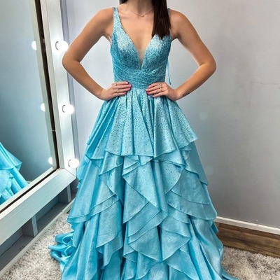 Ball gown v neck organza ruffle long prom dresses,pd240112