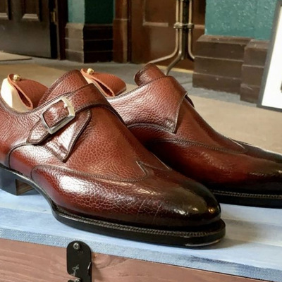 Classic handmade brown leather monk strap shoes for men double buckle design