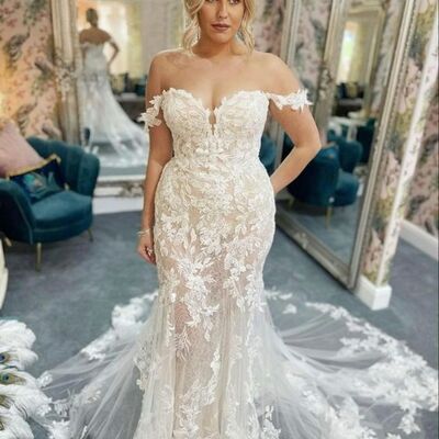 Elegant mermaid lace appliques beach boho wedding dress bridal gowns  - Thumbnail 1