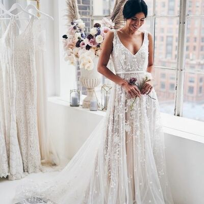 Elegant a line lace appliques beach boho wedding dress bridal gowns  - Thumbnail 2