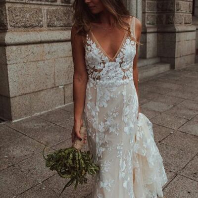 Elegant mermaid lace appliques beach boho wedding dress bridal gowns  - Thumbnail 2