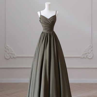 Dark green spaghetti strap v-neck long prom dress - Thumbnail 1