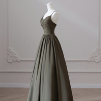 Dark Green Spaghetti Strap V-Neck Long Prom Dress - Thumbnail 1