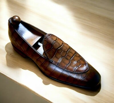 Classic Handmade Brown Alligator Leather Texture Loafers Shoes For Men Loafers Slips On Design