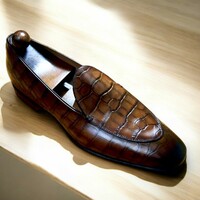Classic Handmade Brown Alligator Leather Texture Loafers Shoes For Men Loafers Slips On Design - Thumbnail 1