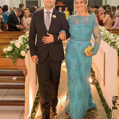 Elegant mother of bride/ groom dress blue lace appliques evening formal gowns prom dress