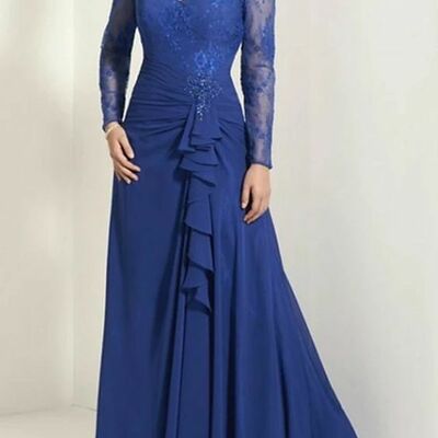 Elegant plus size mother of bride/ groom dress royal blue long sleeve lace evening formal gowns prom dress