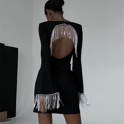 Black venetian lady style fringed party dress with cutout back long flare sleeves - Thumbnail 2
