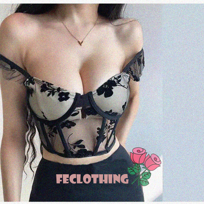Mesh flower flocking small flying sleeve versatile underwire herringbone vest