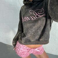 Bamli Pink Embroidery Crop Hoodie Sweatshirt - Thumbnail 2