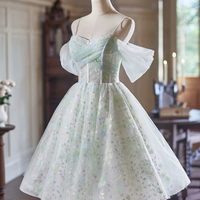 Light Green Tulle Short A-Line Party Dress, Lovely Off the Shoulder Evening Dress - Thumbnail 1