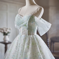 Light Green Tulle Short A-Line Party Dress, Lovely Off the Shoulder Evening Dress - Thumbnail 2